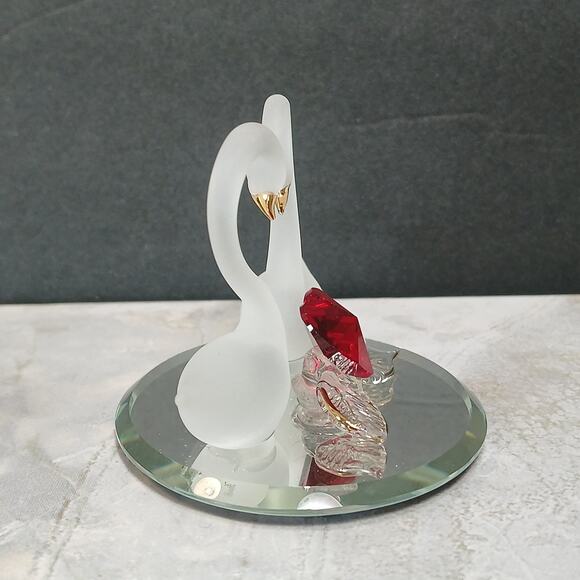 Frosted Swans wRed Crystal Heart Mini Figurine wMirror Base, Glass Baron HC2395R - Picture 2 of 7